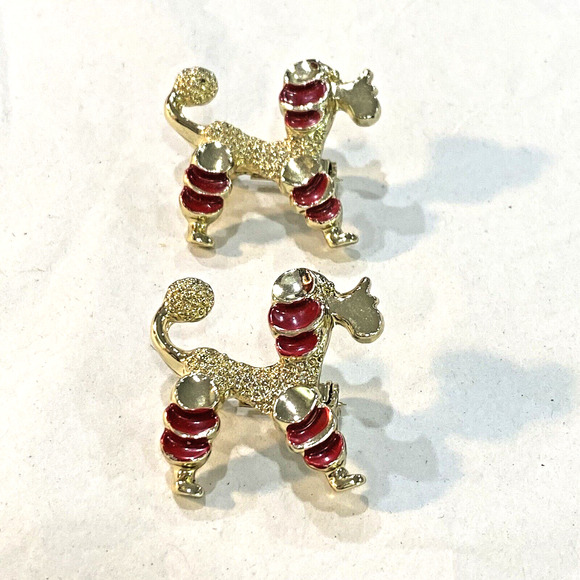 Mid Century Poodle Scatter Pins Pair Goldtone & Red Enamel Doggie Puppy Brooches - Picture 7 of 9
